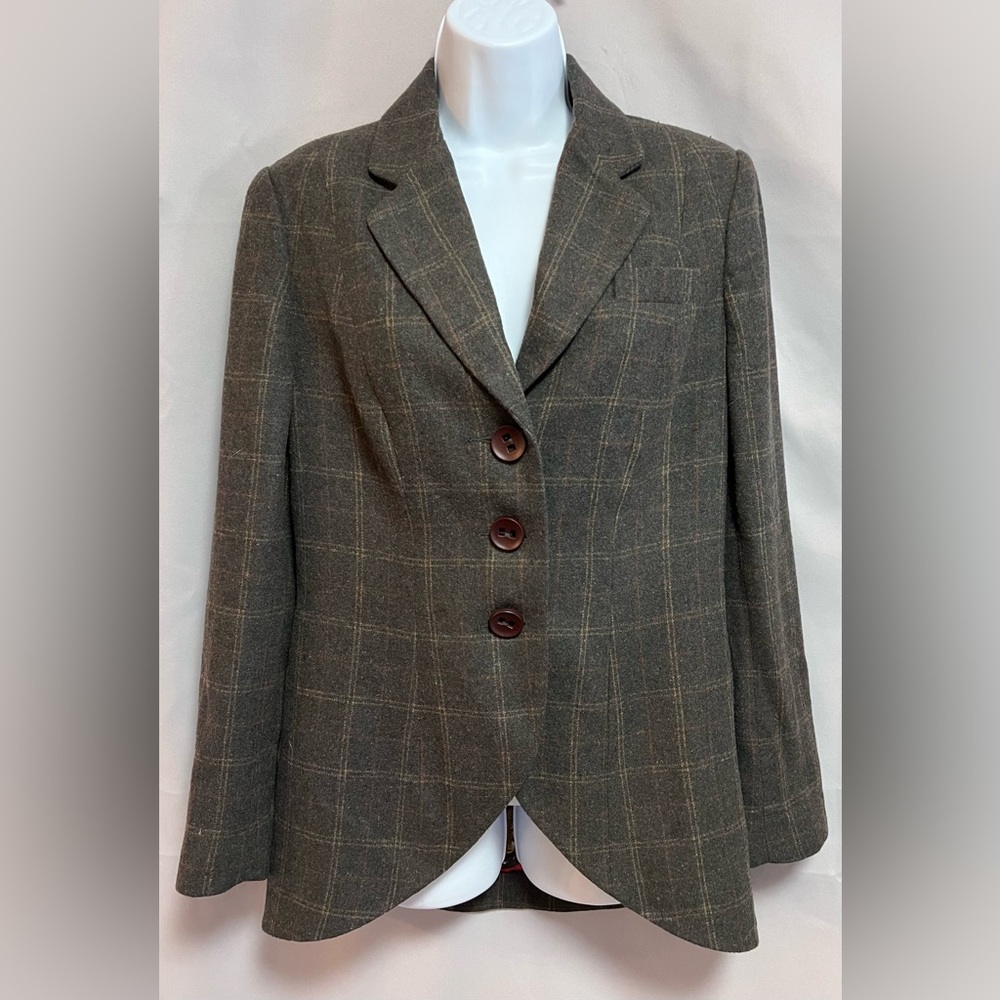 Cabi‎ Blazer Jacket Womens 6 Lined Pockets Long Equestrian Cut Brown Plaid